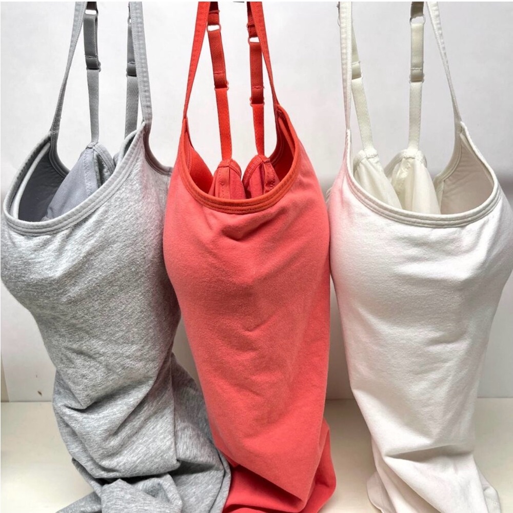 Garnet Hill Trio Comfort Camisole Bras in Gray, Coral, and Ivory